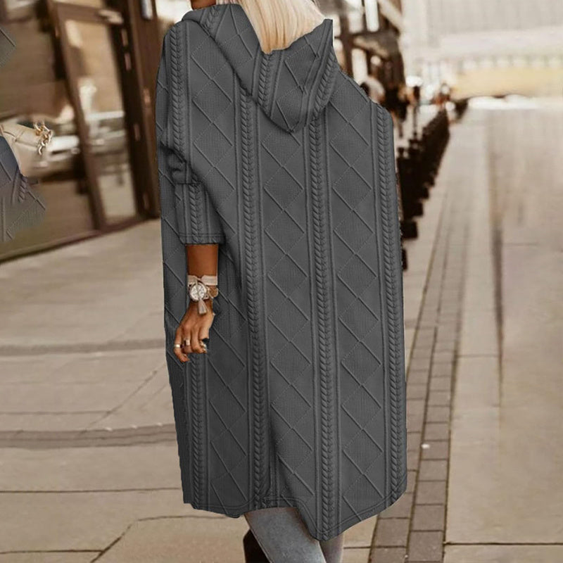 Women's Textured Hooded Longline Jacket, Solid Color Casual Oversized Top With Pockets For Fall & Winter