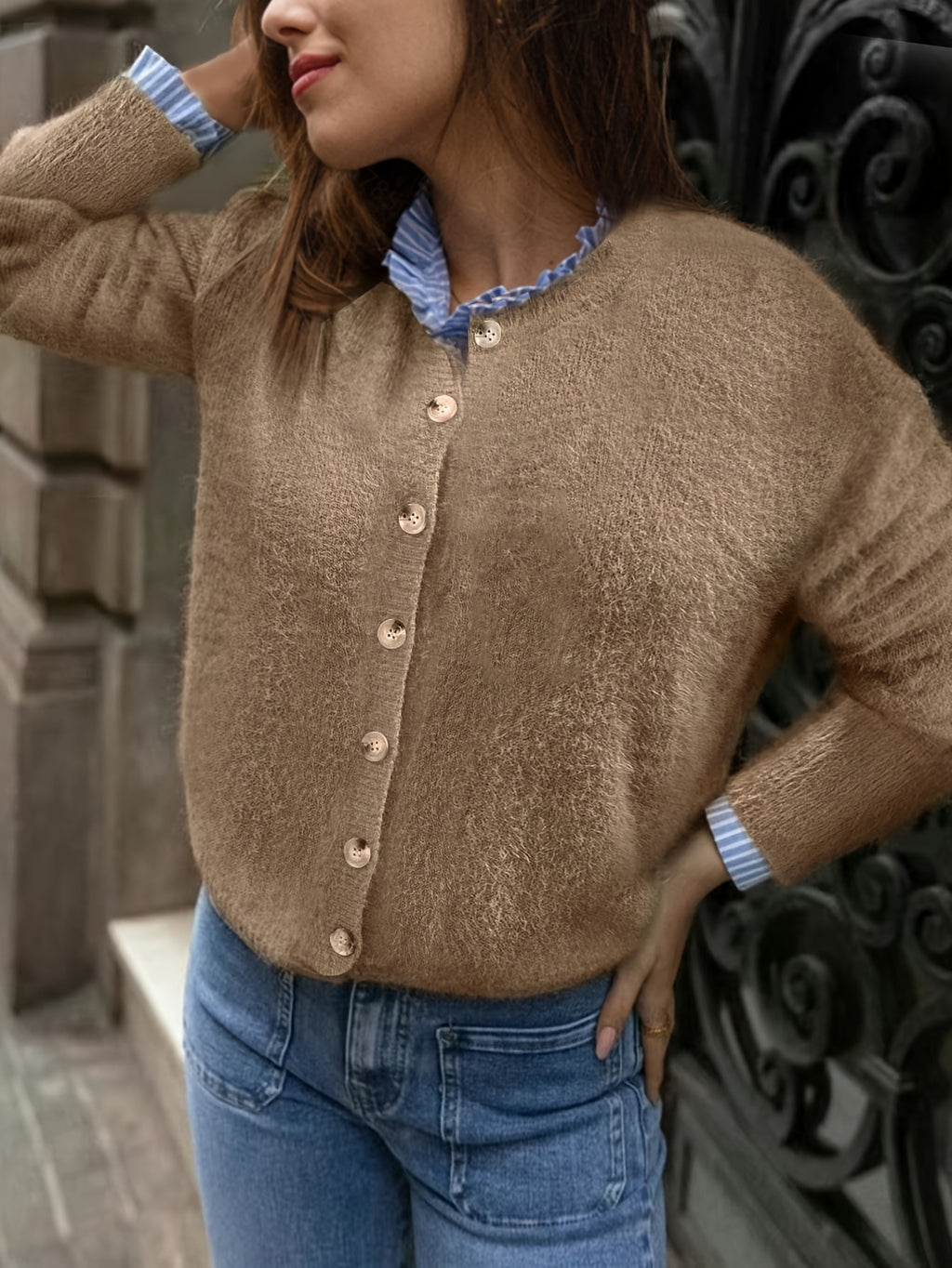 Autumn And Winter New European And American All-matching Loose Casual Solid Color Buttons Knitted Top For Women