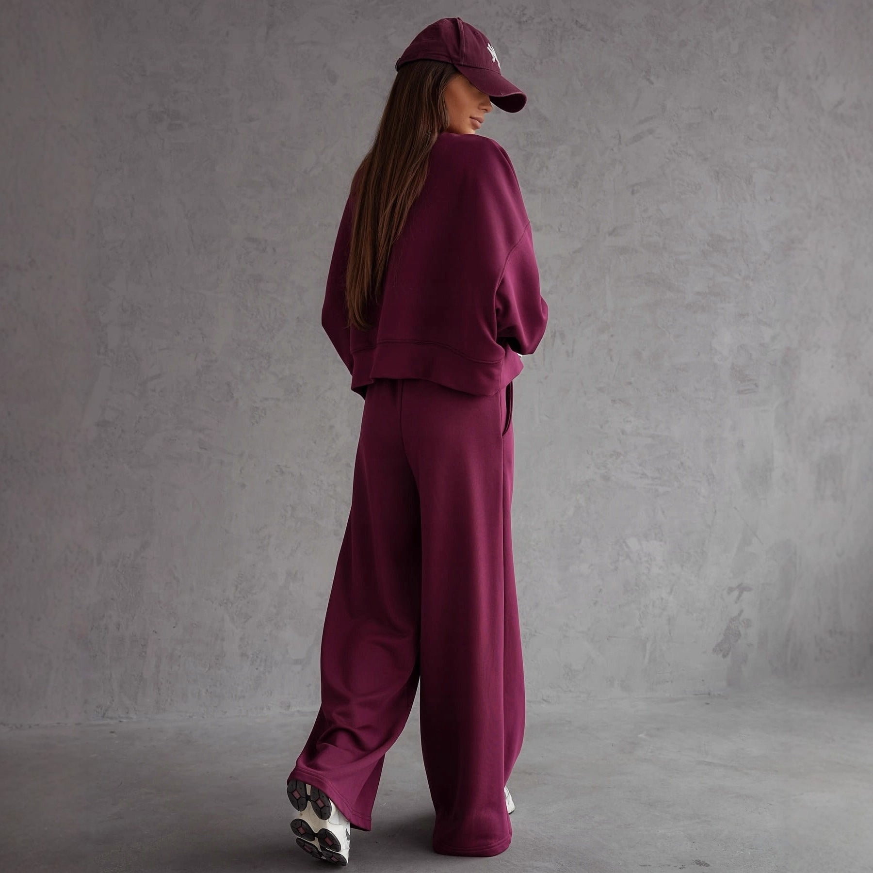 Autumn And Winter Round Neck Long Sleeve Wide Leg Pants Two-piece Set