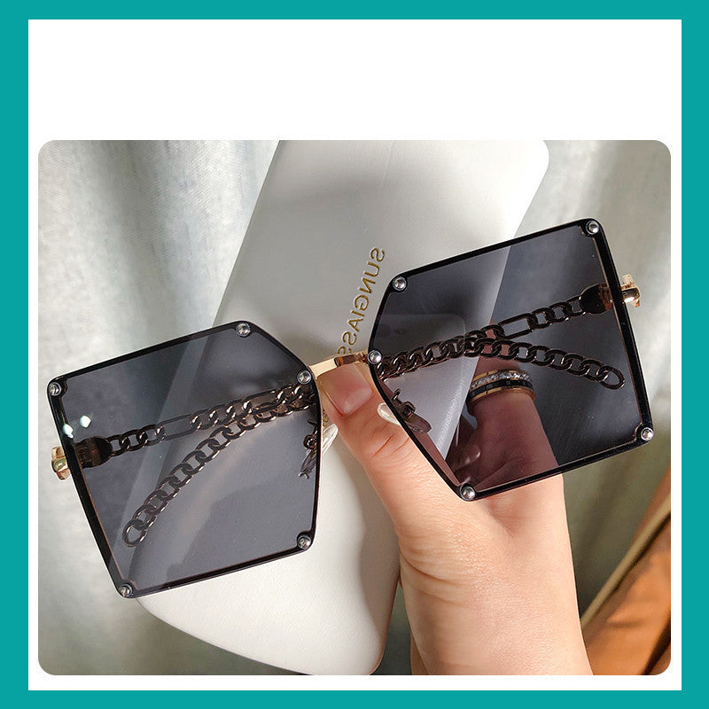 Frameless Big Square Sunglasses Women Fashion Personality Metal Chain Trendy Glasses