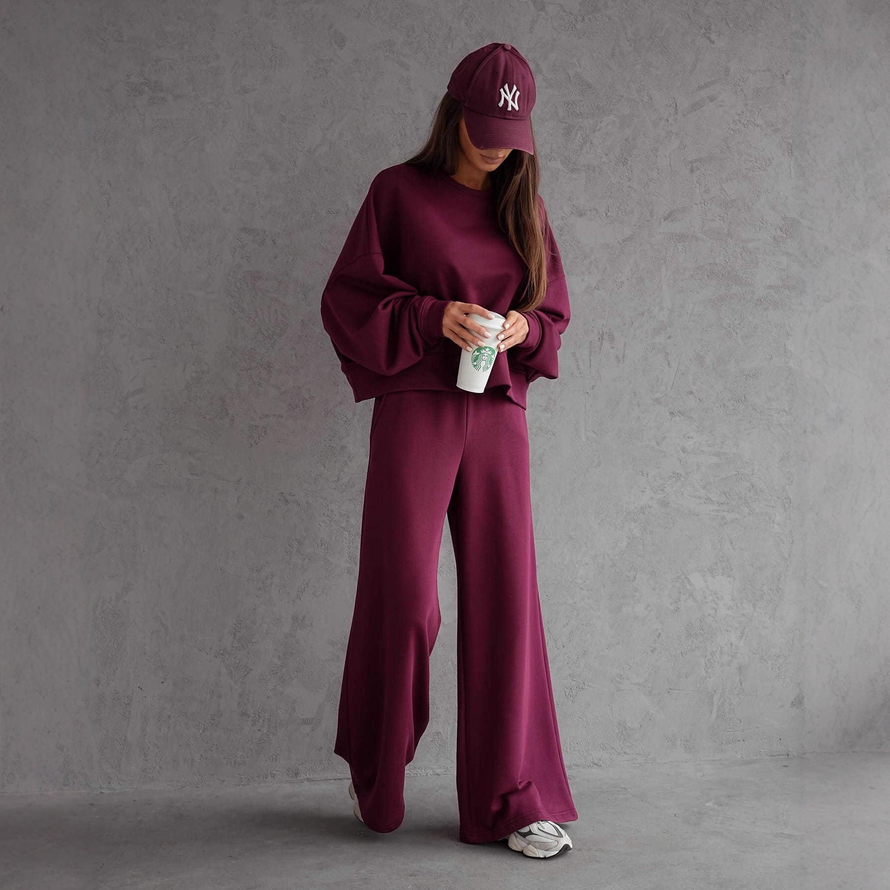 Autumn And Winter Round Neck Long Sleeve Wide Leg Pants Two-piece Set