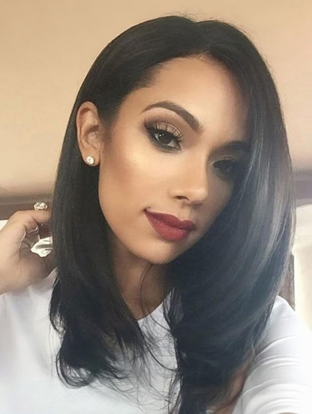 Self-pickup Shoulder-Length Layered Wigs With Bangs  14 Inch Peek-a-boo Color Black Mix Brown Mid-Length Wavy Wigs For Natural Black Women, Heat Resistant Synthetic Hair Replacement Wigs