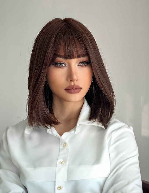 Self-pickup Shoulder-Length Layered Wigs With Bangs  14 Inch Peek-a-boo Color Black Mix Brown Mid-Length Wavy Wigs For Natural Black Women, Heat Resistant Synthetic Hair Replacement Wigs