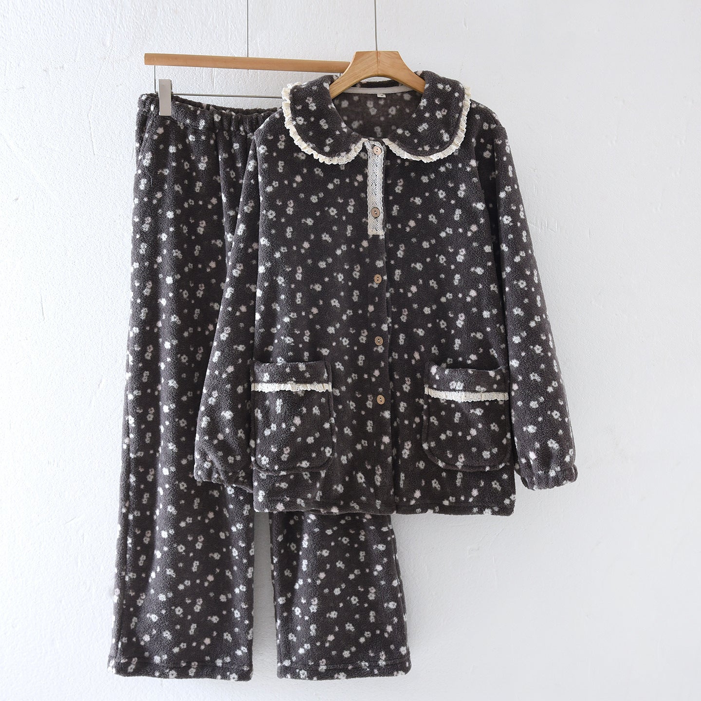 Lace Jacquard Sweet Cute Coral Fleece Pajamas Autumn And Winter Warm Loungewear