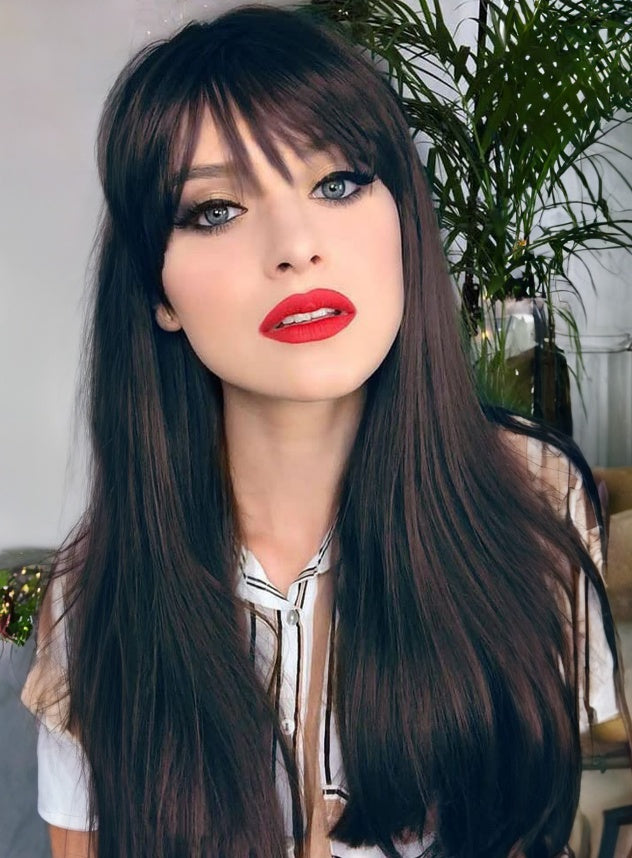 Self-pickup Long Natural Black Wigs For Women,Natural Black Wigs With Bangs Layered Shoulder Length Synthetic Wig For Daily Party  24 Inch