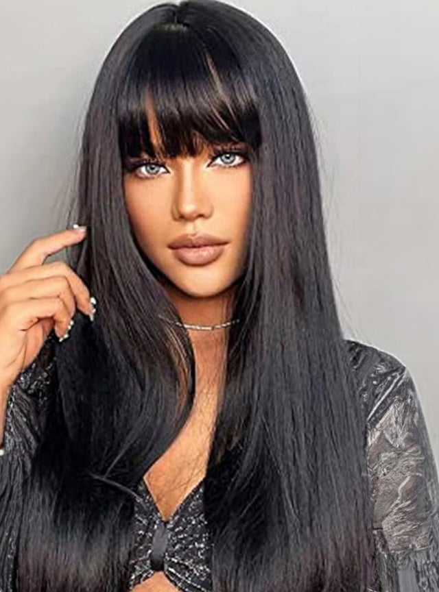 Self-pickup Long Natural Black Wigs For Women,Natural Black Wigs With Bangs Layered Shoulder Length Synthetic Wig For Daily Party  24 Inch
