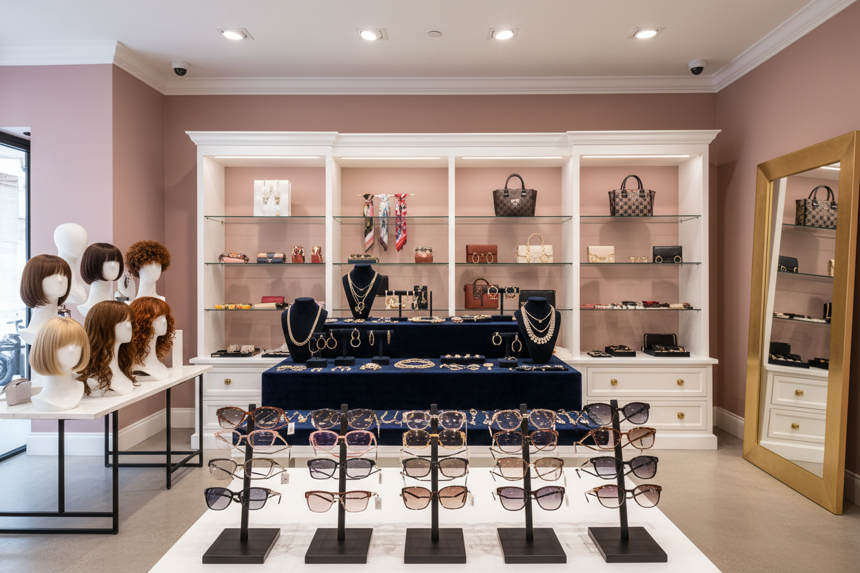 CREATE 424*369 IMAGE SIZE  OF BANNER IN WHICH ALL TYPE OF GIRLS PRODUCT  GLASES JEWLRY WIGS ALL SHOWS IN AN ORGANIZED TYPE STORE 