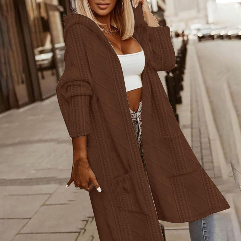 Women's Textured Hooded Longline Jacket, Solid Color Casual Oversized Top With Pockets For Fall & Winter