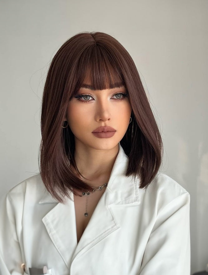 12 Inch Natural Black Short Bob Wigs With Bangs Light Yaki Straight Hair Blunt Cut Glueless Wigs Realistic Look Daily Costume Wig For Women Synthetic Hair Heat Resistant Hair Wigs