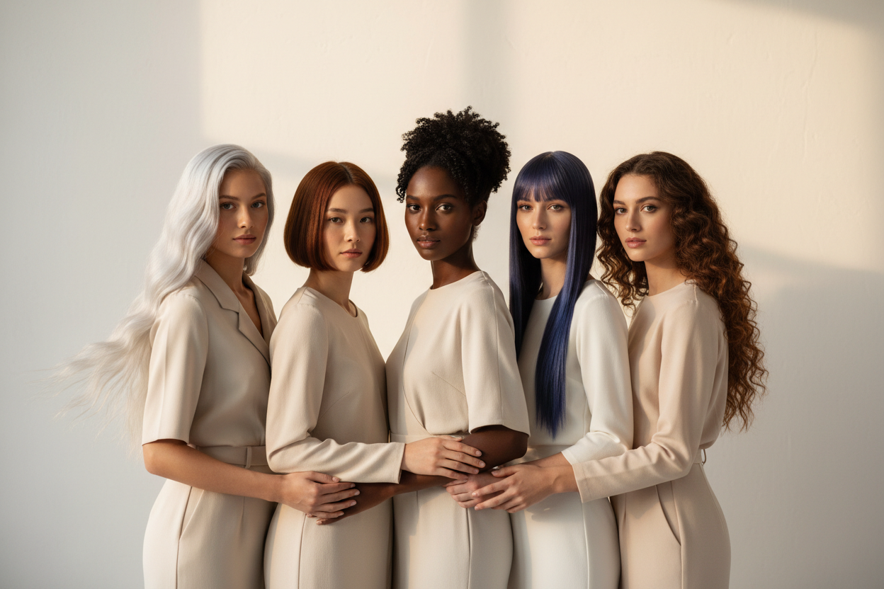 hair models 5 6 standing togeter with minimilst bg